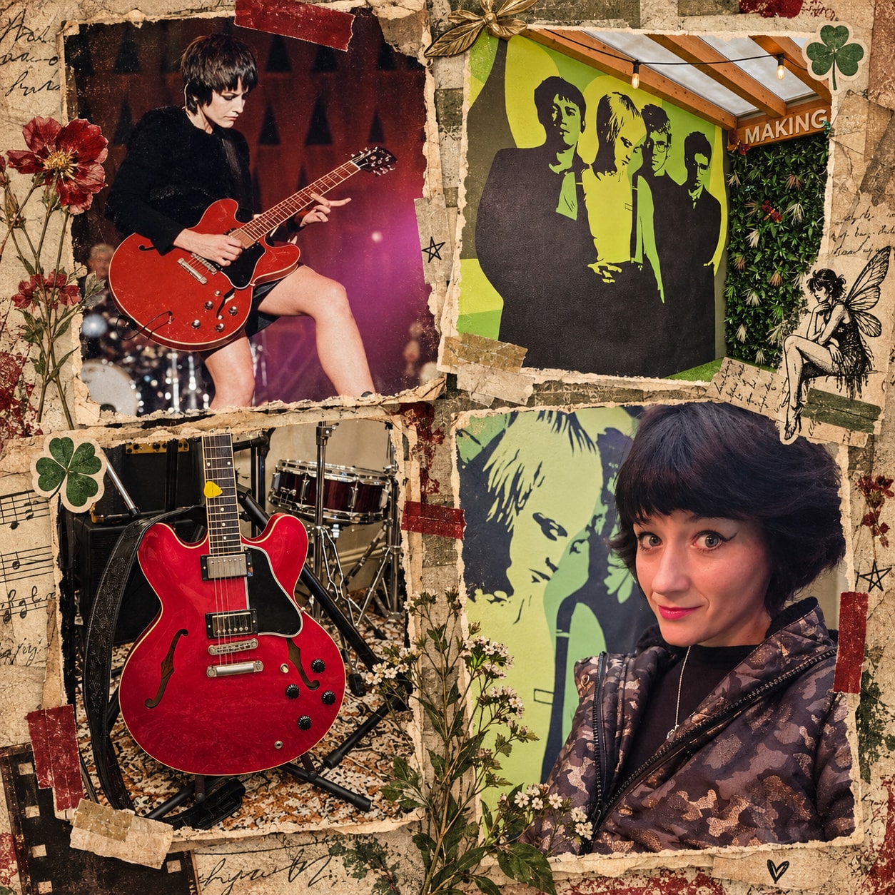 A scrapbook collage of the red guitar and musical memories