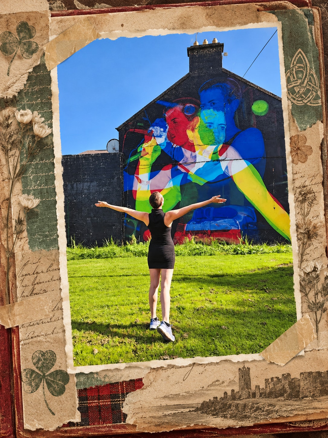 Frankie standing before the colourful Dolores mural in a scrapbook page